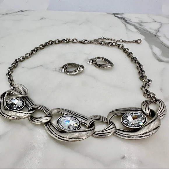 Huge Rhinestones Chunky Necklace Set Matching Earrings Antique Silver-to… - Picture 8 of 10